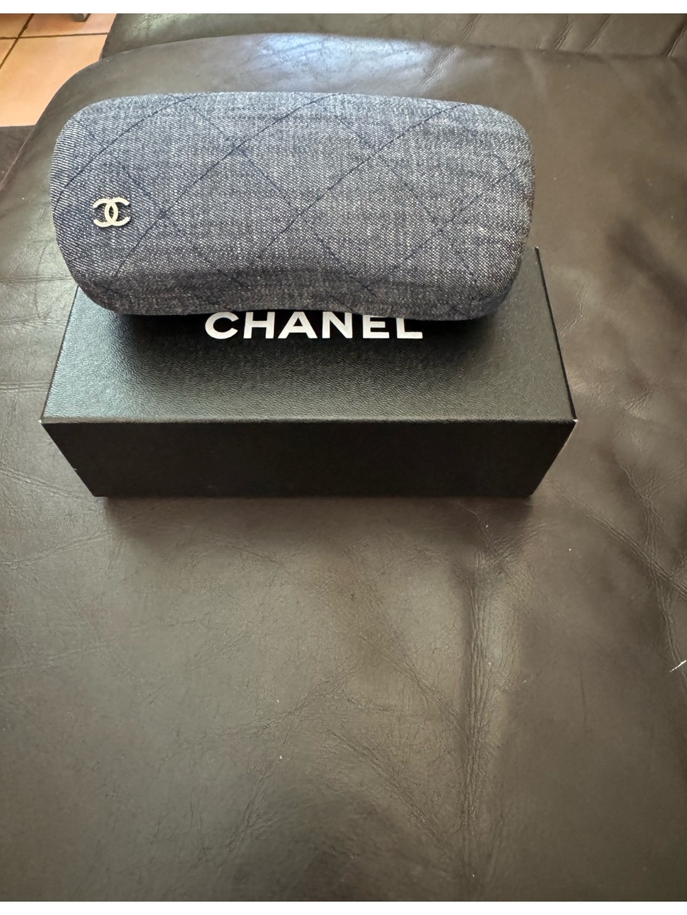 CHANEL Denim Quilted Sunglasses Case with Silver CC Logo